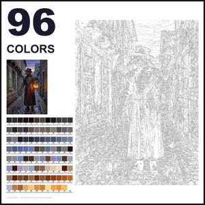 May include: A paint-by-numbers kit featuring 96 colors and a line art template of a plague doctor in a long coat and hat holding a lantern in a cobblestone alleyway. The kit includes a small color reference image and a grid of numbered color swatches.