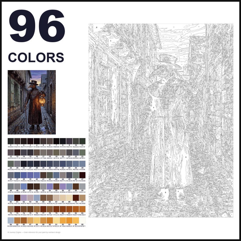 May include: A paint-by-numbers kit featuring 96 colors and a line art template of a plague doctor in a long coat and hat holding a lantern in a cobblestone alleyway. The kit includes a small color reference image and a grid of numbered color swatches.