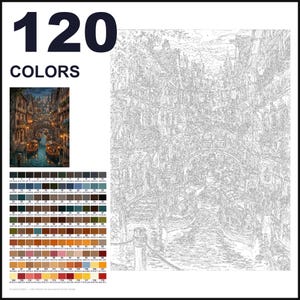 May include: A paint-by-numbers kit featuring 120 colors, a small reference image of a canal scene with boats and buildings, and a large outlined canvas with numbered sections corresponding to the color palette provided at the bottom.
