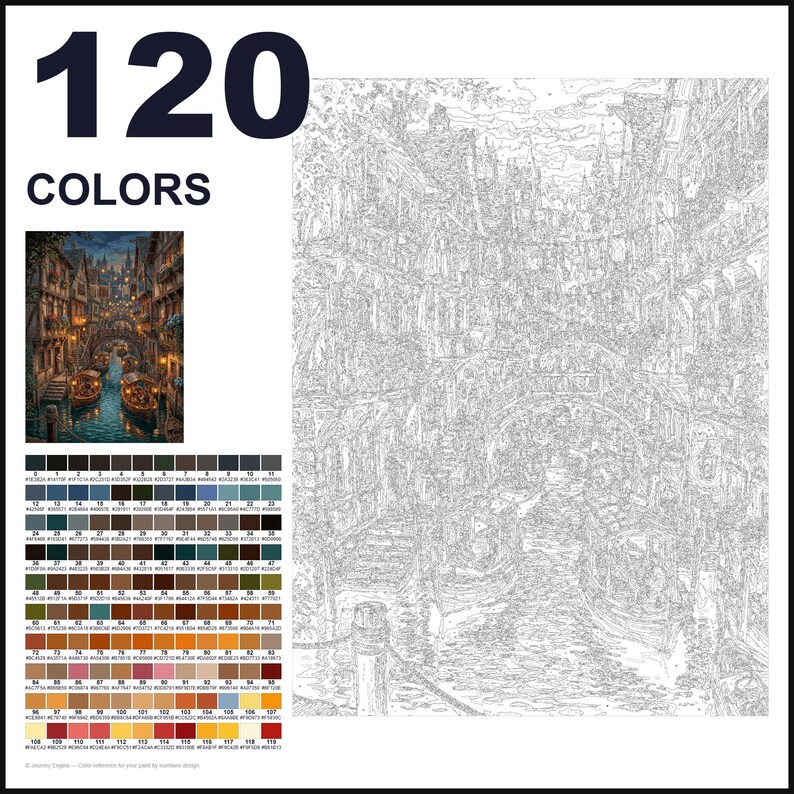May include: A paint-by-numbers kit featuring 120 colors, a small reference image of a canal scene with boats and buildings, and a large outlined canvas with numbered sections corresponding to the color palette provided at the bottom.