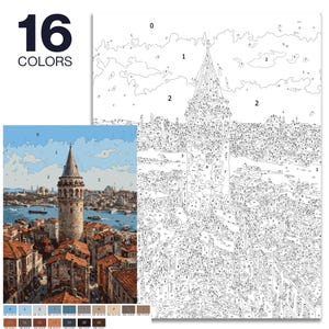 May include: A paint-by-numbers kit showing a detailed cityscape with a tall tower. The image includes a colour-coded guide and the text "16 COLORS". The finished artwork depicts buildings with red roofs and a blue sky.