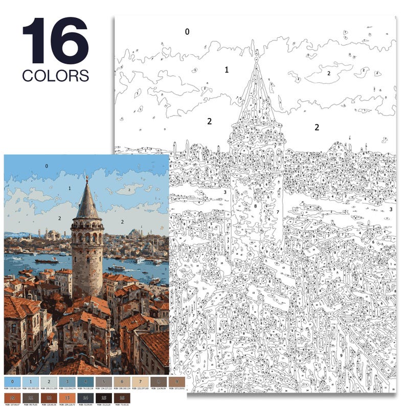 May include: A paint-by-numbers kit showing a detailed cityscape with a tall tower. The image includes a colour-coded guide and the text "16 COLORS". The finished artwork depicts buildings with red roofs and a blue sky.