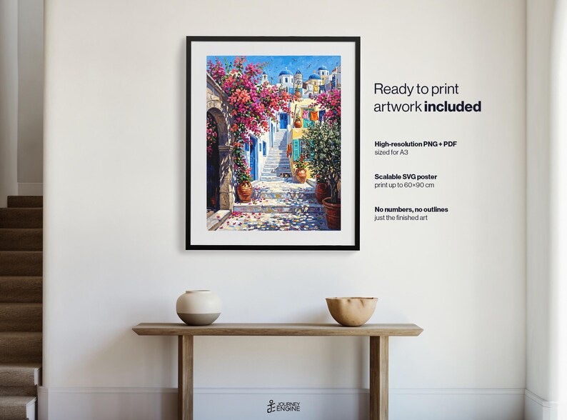 May include: A framed wall art print depicting a sunlit Mediterranean street scene with vibrant pink bougainvillea, white buildings, and blue domes. Text on the right reads: Ready to print artwork included, High-resolution PNG + PDF sized for A3, Scalable SVG poster print up to 60x90 cm, No numbers, no outlines just the finished art.