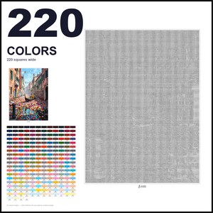 May include: A paint-by-numbers pattern featuring a grid of 220 colors, 220 squares wide. The design includes a small color reference image of a Venetian canal scene with a gondola and flowers, alongside a large, detailed grayscale grid chart.