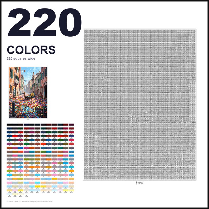 May include: A paint-by-numbers pattern featuring a grid of 220 colors, 220 squares wide. The design includes a small color reference image of a Venetian canal scene with a gondola and flowers, alongside a large, detailed grayscale grid chart.