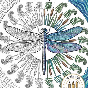 May include: A detailed illustration of a dragonfly, half colored and half in black and white, with the text "From Black & White to Masterpiece." The colored side features blue and purple hues. The image is surrounded by plants and water.