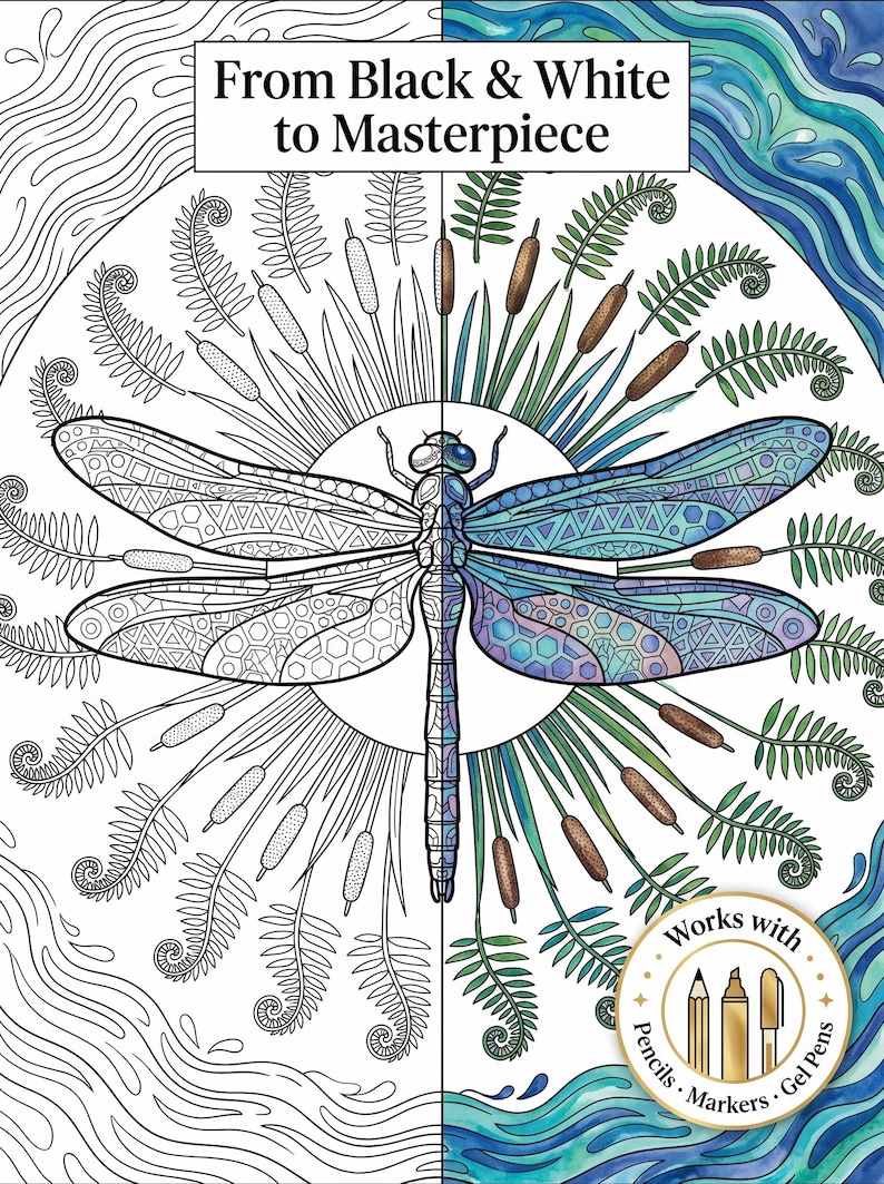 May include: A detailed illustration of a dragonfly, half colored and half in black and white, with the text "From Black & White to Masterpiece." The colored side features blue and purple hues. The image is surrounded by plants and water.