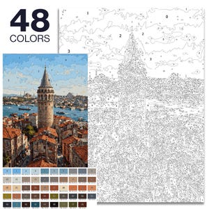 May include: A paint-by-numbers kit depicting a cityscape with a tall tower. The kit includes a numbered canvas, a reference image, and a palette of 48 colours. The image shows a completed painting and a blank canvas with numbered sections.