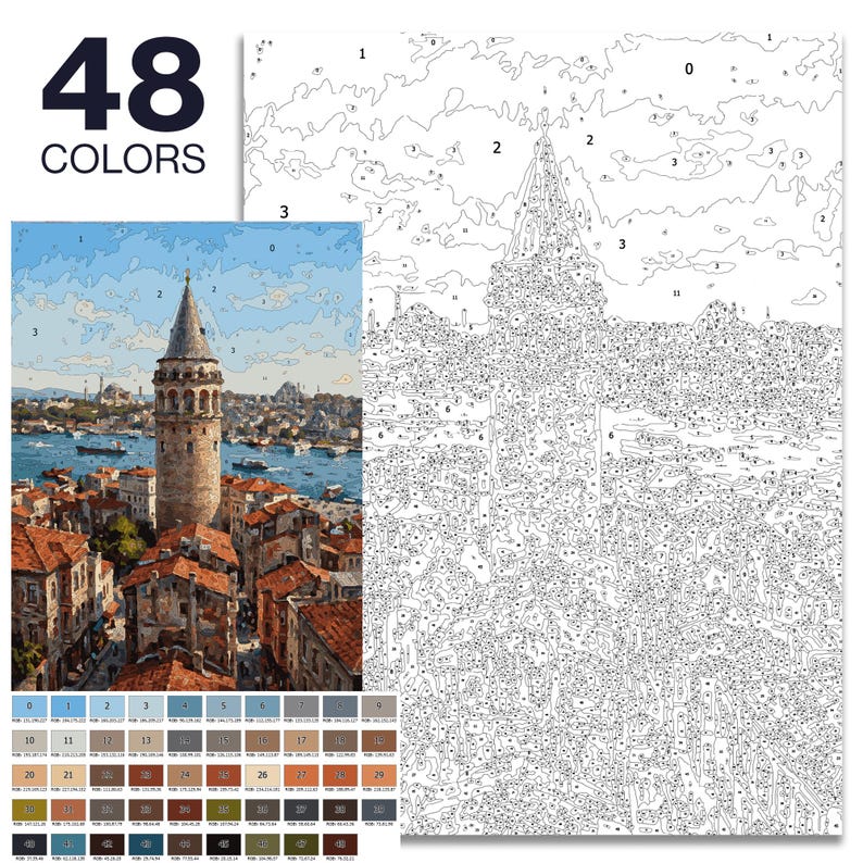 May include: A paint-by-numbers kit depicting a cityscape with a tall tower. The kit includes a numbered canvas, a reference image, and a palette of 48 colours. The image shows a completed painting and a blank canvas with numbered sections.