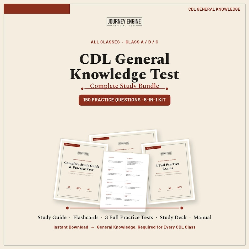 May include: A CDL General Knowledge Test study bundle featuring a collection of documents including a study guide, practice tests, and flashcards. The text reads CDL General Knowledge Test, Complete Study Bundle, 150 Practice Questions, 5-in-1 Kit.