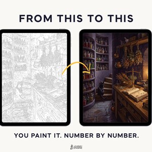 May include: Two tablets displaying a paint-by-number project. The left screen shows a grayscale line drawing of a room with shelves and a cat. The right screen shows the finished, full-color version of the same scene. Text reads FROM THIS TO THIS and YOU PAINT IT. NUMBER BY NUMBER.