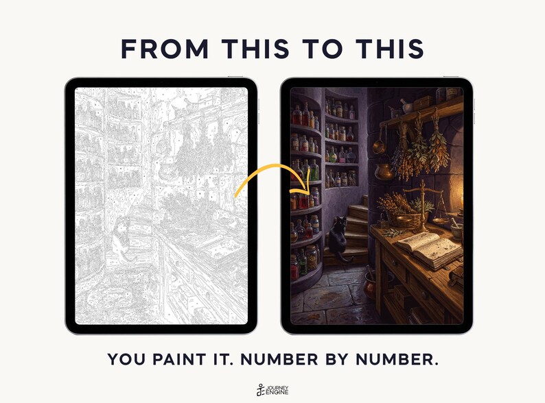 May include: Two tablets displaying a paint-by-number project. The left screen shows a grayscale line drawing of a room with shelves and a cat. The right screen shows the finished, full-color version of the same scene. Text reads FROM THIS TO THIS and YOU PAINT IT. NUMBER BY NUMBER.