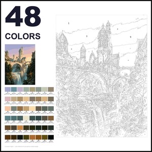 May include: A paint-by-numbers kit featuring 48 colors and a line art template of a fantasy castle with towers, arched bridges, and a waterfall. The set includes a small color reference image and a numbered grid for painting the scene.