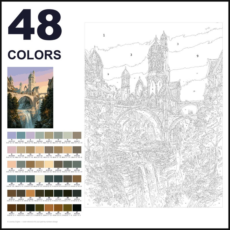 May include: A paint-by-numbers kit featuring 48 colors and a line art template of a fantasy castle with towers, arched bridges, and a waterfall. The set includes a small color reference image and a numbered grid for painting the scene.