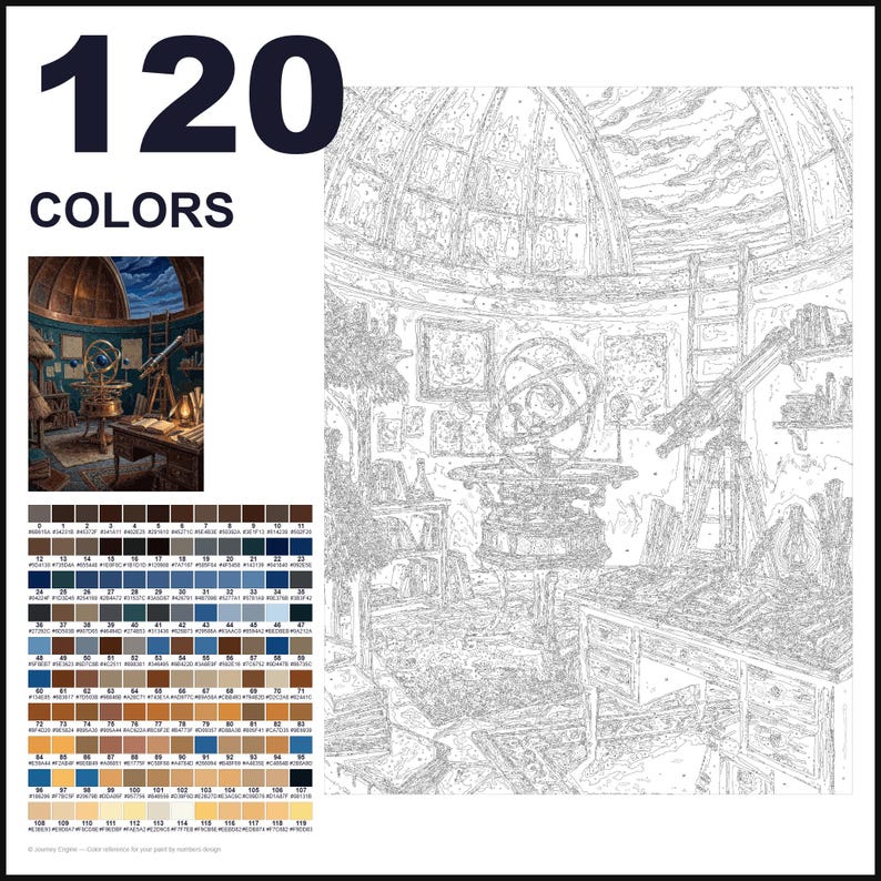 May include: A paint-by-numbers kit featuring 120 colors and a line art template of an observatory study. The design includes a desk, a telescope, an armillary sphere, and a domed ceiling. A small color reference image is included in the corner.