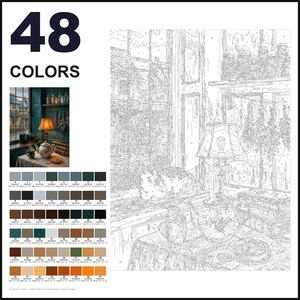 May include: A paint-by-numbers kit featuring 48 colors and a line art template of a cozy interior scene. The image shows a window, a cat resting on a sill, a table lamp, a teapot, a mug, and hanging dried herbs, with a color reference guide.