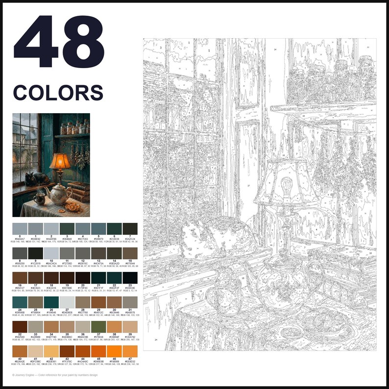 May include: A paint-by-numbers kit featuring 48 colors and a line art template of a cozy interior scene. The image shows a window, a cat resting on a sill, a table lamp, a teapot, a mug, and hanging dried herbs, with a color reference guide.