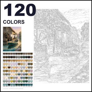 May include: A paint-by-numbers kit featuring a line art outline of a stone watermill with a boat and laundry on a line. The design includes a small color reference image, a grid of 120 numbered color swatches, and the text 120 COLORS.