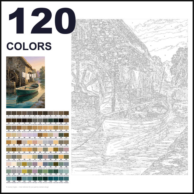 May include: A paint-by-numbers kit featuring a line art outline of a stone watermill with a boat and laundry on a line. The design includes a small color reference image, a grid of 120 numbered color swatches, and the text 120 COLORS.
