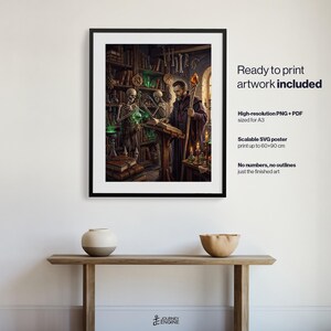 May include: A framed digital art print featuring a wizard reading a book in a library with two skeletons holding glowing green potions. The text reads: Ready to print artwork included, High-resolution PNG + PDF sized for A3, Scalable SVG poster print up to 60x90 cm, No numbers, no outlines just the finished art.