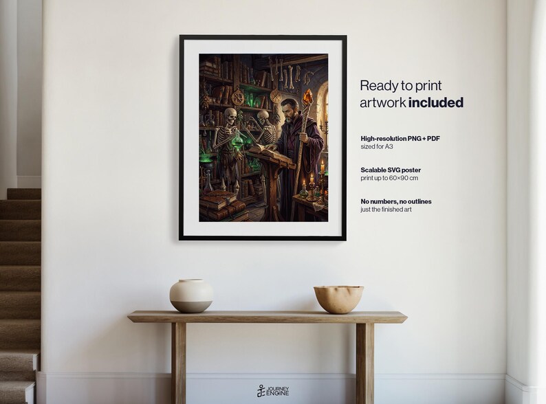 May include: A framed digital art print featuring a wizard reading a book in a library with two skeletons holding glowing green potions. The text reads: Ready to print artwork included, High-resolution PNG + PDF sized for A3, Scalable SVG poster print up to 60x90 cm, No numbers, no outlines just the finished art.