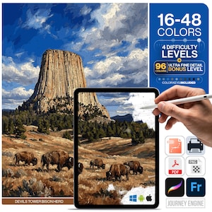 Wyoming Paint by Numbers Digital | 5 Levels 16-96 Colors | Svg Pdf Png Procreate | Devils Tower Bison Herd Printable Wall Art