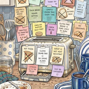 May include: A stainless steel toaster with an open crumb tray sits on a worktop. Numerous sticky notes are attached to the toaster and the tiled wall behind it, featuring various kitchen instructions and illustrations with crossed-out items.