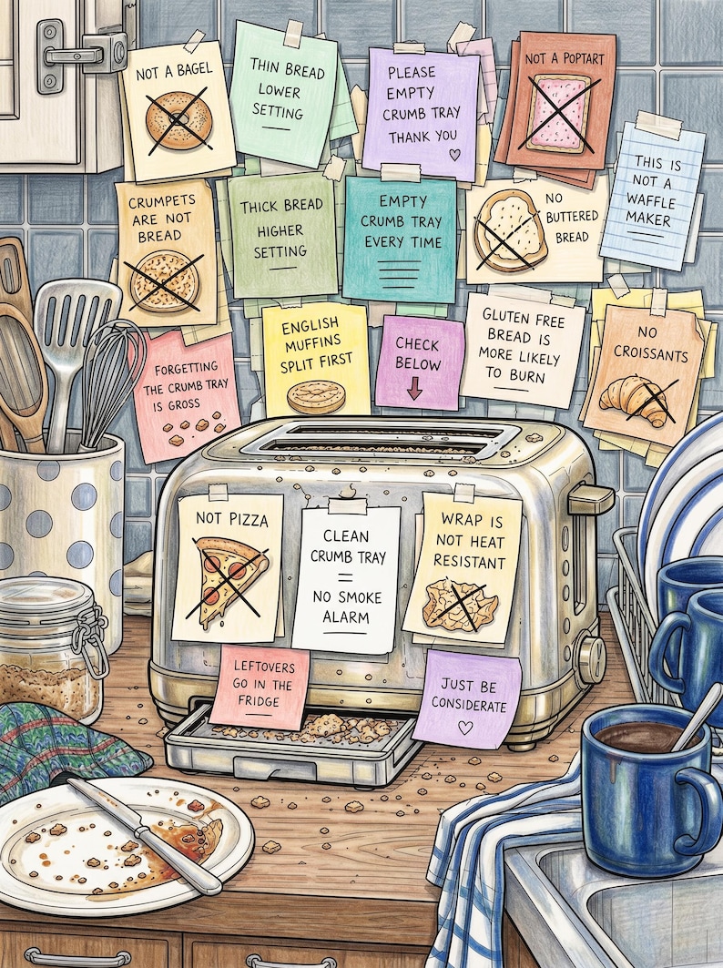 May include: A stainless steel toaster with an open crumb tray sits on a worktop. Numerous sticky notes are attached to the toaster and the tiled wall behind it, featuring various kitchen instructions and illustrations with crossed-out items.