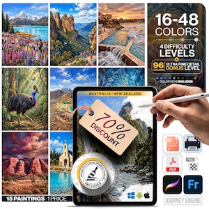 Pode incluir: Um kit de pintura digital com 15 cenas de paisagens, incluindo montanhas, florestas e vistas costeiras. A interface exibe 16-48 cores, 4 níveis de dificuldade, um nível bônus de 96 cores e uma etiqueta de 70% de desconto em um tablet.