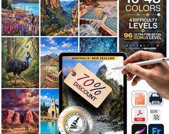 Australia New Zealand Paint by Numbers Bundle | 15 Digital Kits | 5 Levels 16-96 Colors | Svg Pdf Png Procreate | Down Under PBN Collection