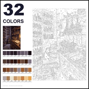 May include: A paint-by-numbers kit featuring a 32-color palette and a numbered outline of a room filled with shelves of bottles, hanging herbs, and a wooden table. The design includes a small reference image showing the finished scene.