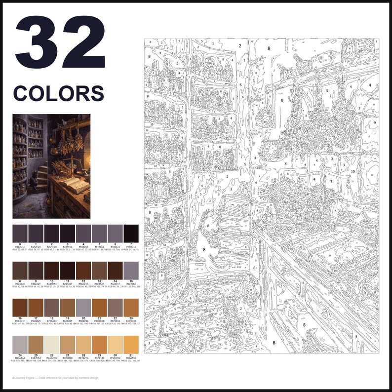 May include: A paint-by-numbers kit featuring a 32-color palette and a numbered outline of a room filled with shelves of bottles, hanging herbs, and a wooden table. The design includes a small reference image showing the finished scene.