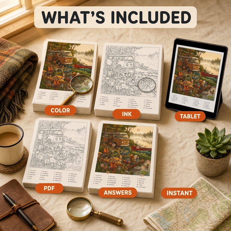 May include: A collection of camping-themed hidden object activity sheets including color and ink versions, a digital tablet display, a PDF file, and an answer key. The sheets feature a van, forest, and lake scene with numbered item lists.