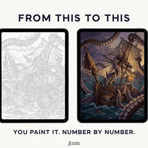May include: Two tablets displaying a digital paint-by-number project. The left screen shows a grayscale line art outline of a ship attacked by a giant octopus. The right screen shows the completed, full-color version. Text reads FROM THIS TO THIS.
