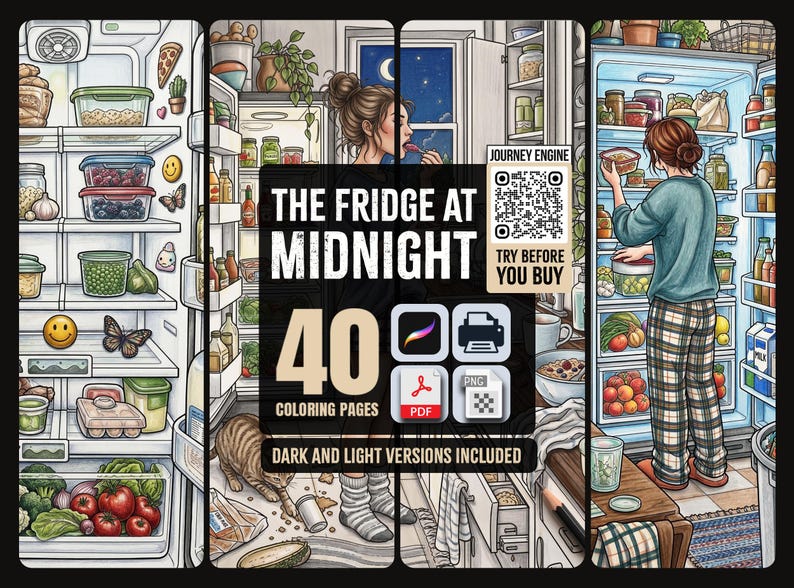 May include: A digital coloring book titled The Fridge at Midnight featuring 40 pages with illustrations of refrigerators, food containers, produce, and a person snacking. Includes a QR code, file format icons for Procreate, PDF, and PNG, and text.
