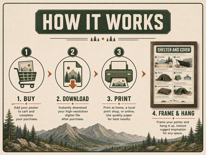 K&ouml;nnte beinhalten: Eine Anleitungsgrafik mit dem Titel HOW IT WORKS mit vier Schritten: 1. BUY, ein Einkaufswagen mit Poster; 2. DOWNLOAD, ein Download-Symbol; 3. PRINT, ein Drucker; und 4. FRAME & HANG, ein gerahmtes Poster mit verschiedenen Unterstandstypen.
