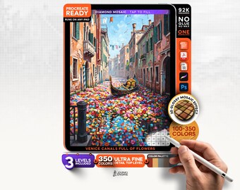 Digital Diamond Painting, Mystery Mosaic iPad, Venice Canals Full of Flowers, Italy Procreate Art, 3 Levels, 92K Squares, Instant Download