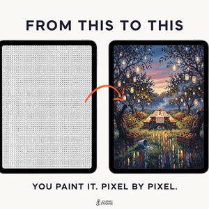 May include: Two tablets displaying a digital paint-by-number project. The left screen shows a grid of letters and numbers, while the right screen shows the completed colorful landscape scene. Text reads FROM THIS TO THIS and YOU PAINT IT. PIXEL BY PIXEL.