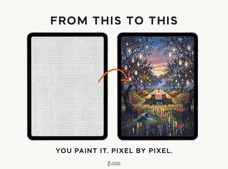 May include: Two tablets displaying a digital paint-by-number project. The left screen shows a grid of letters and numbers, while the right screen shows the completed colorful landscape scene. Text reads FROM THIS TO THIS and YOU PAINT IT. PIXEL BY PIXEL.