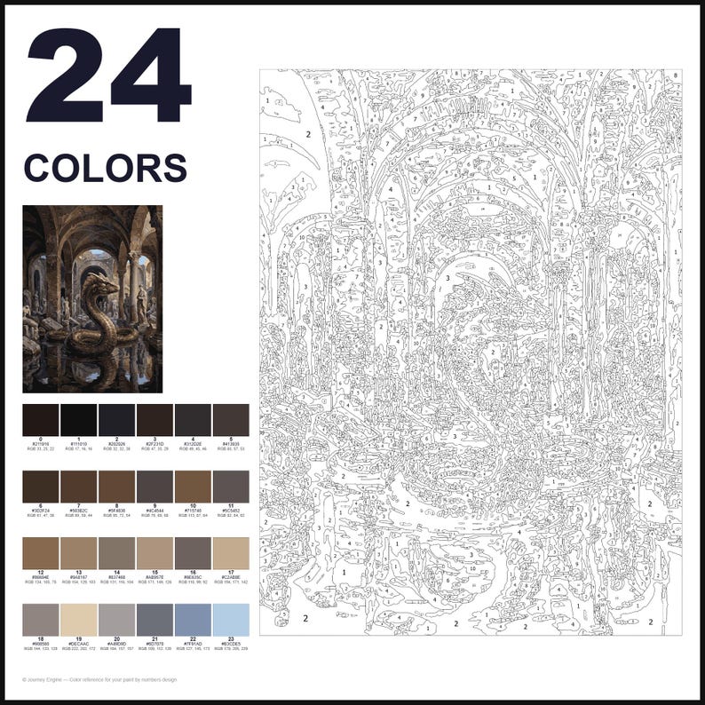 May include: A paint-by-numbers kit featuring a large numbered outline of a fantasy scene with a central serpent in a stone hall. The sheet includes a small color reference image, a palette of 24 numbered color swatches with RGB values, and the text 24 COLORS.