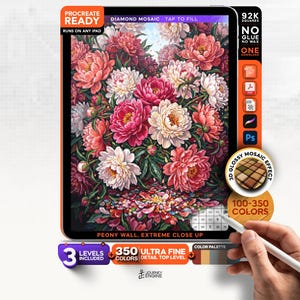 May include: A digital art file for Procreate featuring a vibrant floral arrangement of pink, red, and white peonies. The display includes text labels such as Procreate Ready, Diamond Mosaic, 92K Squares, 3D Glossy Mosaic Effect, and Peony Wall, Extreme Close Up.