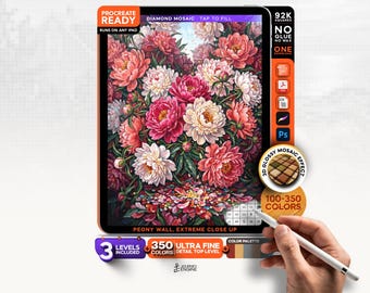 Digital Diamond Painting for iPad, Peony Wall Close Up Mosaic, Floral Color by Number Procreate File, 3 Levels, Digital Download
