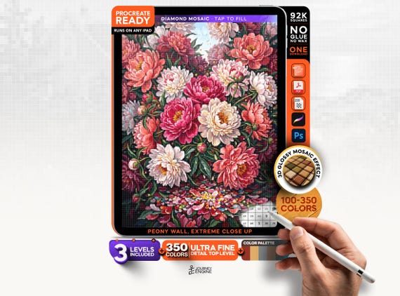 Peony Wall digital diamond painting mystery mosaic for iPad, Close-Up Floral Mosaic