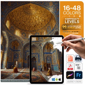 May include: A digital paint-by-number kit featuring the Samarkand Registan Gold Mosque. The image displays a tablet screen showing the mosque interior with blue and gold tile patterns, alongside text indicating 16-48 colors and 4 difficulty levels.