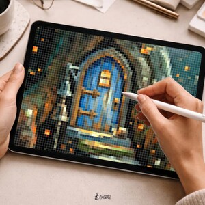 May include: A digital tablet displaying a pixelated illustration of an arched blue door with a small window and metal hinges. The screen shows a grid-like pattern of colored squares forming the image, with a white stylus held over the display.