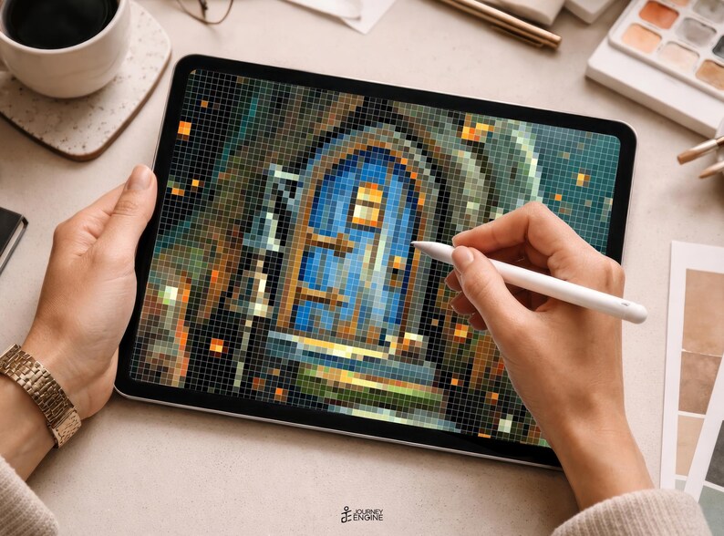 May include: A digital tablet displaying a pixelated illustration of an arched blue door with a small window and metal hinges. The screen shows a grid-like pattern of colored squares forming the image, with a white stylus held over the display.