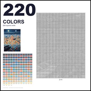 May include: A paint-by-numbers pattern featuring 220 colors and a 220 squares wide grid. The design displays a surreal beach scene with a central cabin, a checkered ground, a boat, and a night sky. A comprehensive color reference chart is included.