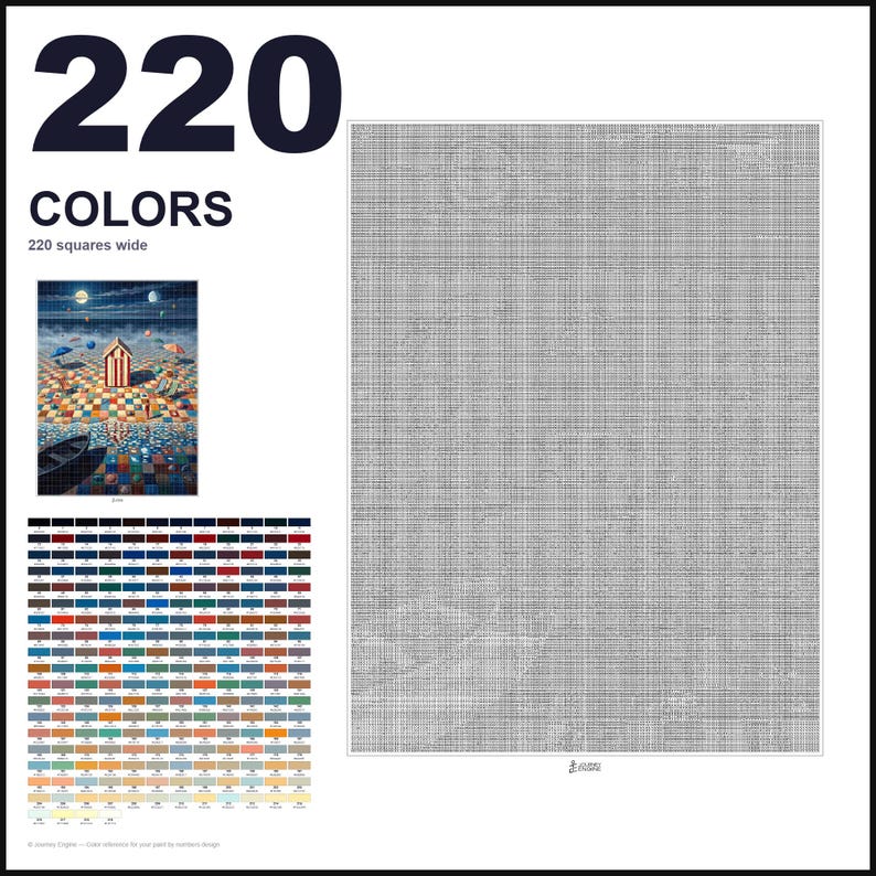 May include: A paint-by-numbers pattern featuring 220 colors and a 220 squares wide grid. The design displays a surreal beach scene with a central cabin, a checkered ground, a boat, and a night sky. A comprehensive color reference chart is included.