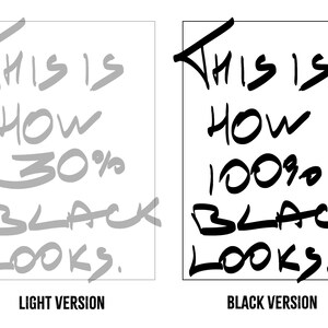 May include: Two rectangular frames containing text. The left frame shows the light gray text 'THIS IS HOW 30% BLACK LOOKS.' labeled 'LIGHT VERSION'. The right frame shows the black text 'THIS IS HOW 100% BLACK LOOKS.' labeled 'BLACK VERSION'.