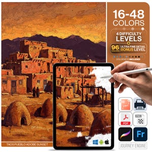 May include: A digital paint-by-number kit featuring a Taos Pueblo adobe sunset scene. The image displays a desert landscape with multi-story adobe structures, rounded ovens, and mountains. Text includes 16-48 COLORS, 4 DIFFICULTY LEVELS, and 96 COLORS.